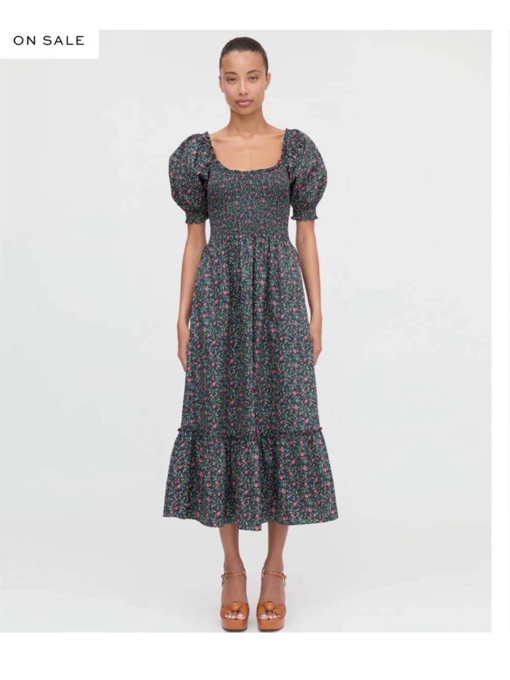 Hill House Dark Green Floral Puff-Sleeve Louisa Nap Midi Dress